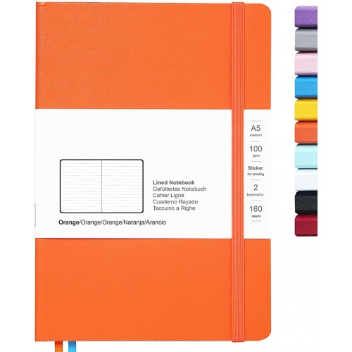 Notebook Lined Hardcover Journal 5.7" x 8" 100 GSM Paper 2 Bookmarks 1 Pocket College Ruled, Orange