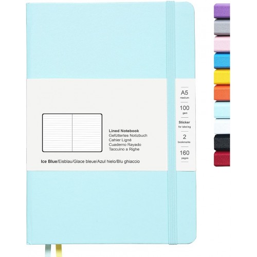 Notebook Lined Hardcover Journal 5.7" x 8" 100 GSM Paper 2 Bookmarks 1 Pocket College Ruled, Ice Blue