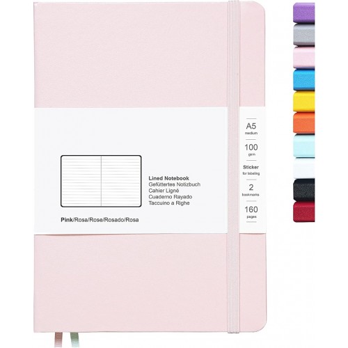 Notebook Lined Hardcover Journal 5.7" x 8" 100 GSM Paper 2 Bookmarks 1 Pocket College Ruled, Pink