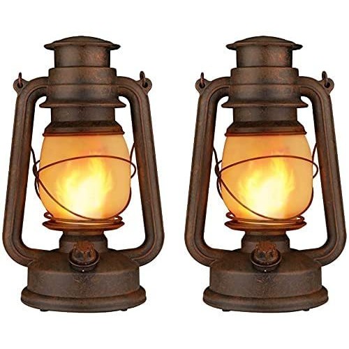 Dancing Flame Led Vintage Lantern, Outdoor Hanging Plastic Lantern Battery Operated with Remote Control Two Modes Led Night Lights for Garden Patio Deck Yard Path 2 Pack, Copper