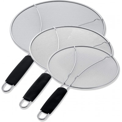 OTS 13", 11.5", 9.5" Stainless Steel Fine Mesh Splatter Screen with Resting Feet Set, Black Comfort Grip Handles - Use on Boiling Pots, Frying Pans - Grease Oil Guard, Safe Cooking Lid