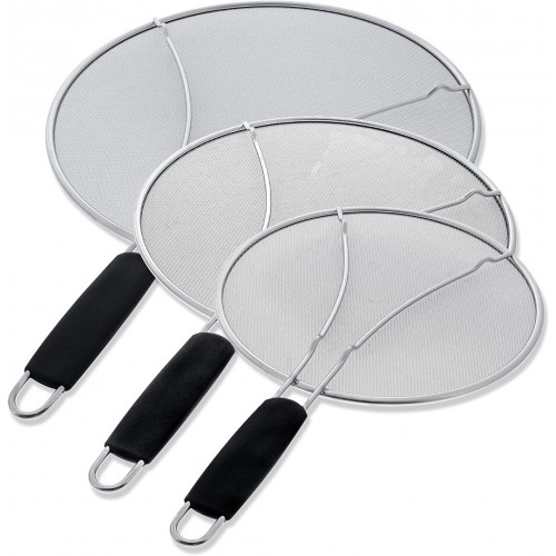 OTS 13", 11.5", 9.5" Stainless Steel Fine Mesh Splatter Screen with Resting Feet Set, Black Comfort Grip Handles - Use on Boiling Pots, Frying Pans - Grease Oil Guard, Safe Cooking Lid