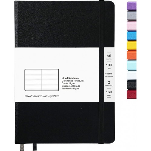 Notebook Lined Hardcover Journal 5.7" x 8" 100 GSM Paper 2 Bookmarks 1 Pocket College Ruled, Black