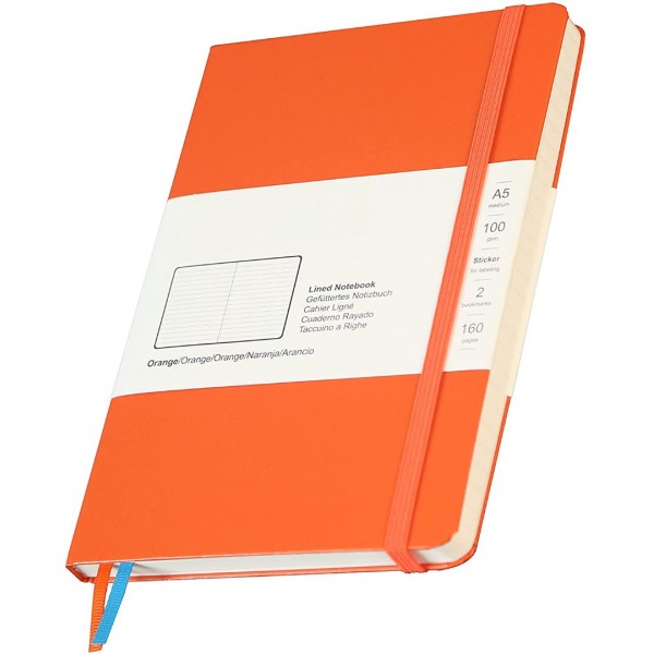 Notebook Lined Hardcover Journal 5.7" x 8" 100 GSM Paper 2 Bookmarks 1 Pocket College Ruled, Orange