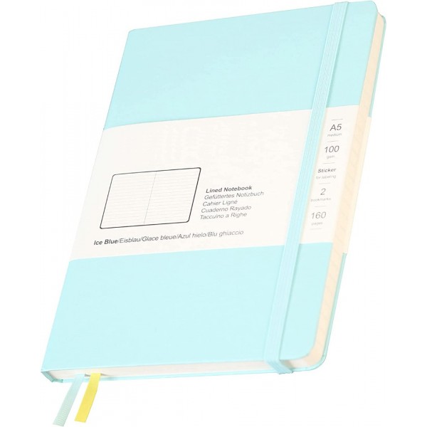 Notebook Lined Hardcover Journal 5.7" x 8" 100 GSM Paper 2 Bookmarks 1 Pocket College Ruled, Ice Blue