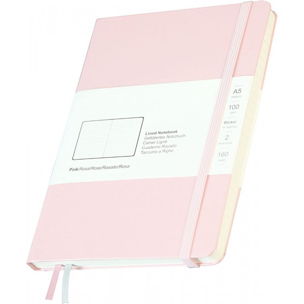 Notebook Lined Hardcover Journal 5.7" x 8" 100 GSM Paper 2 Bookmarks 1 Pocket College Ruled, Pink