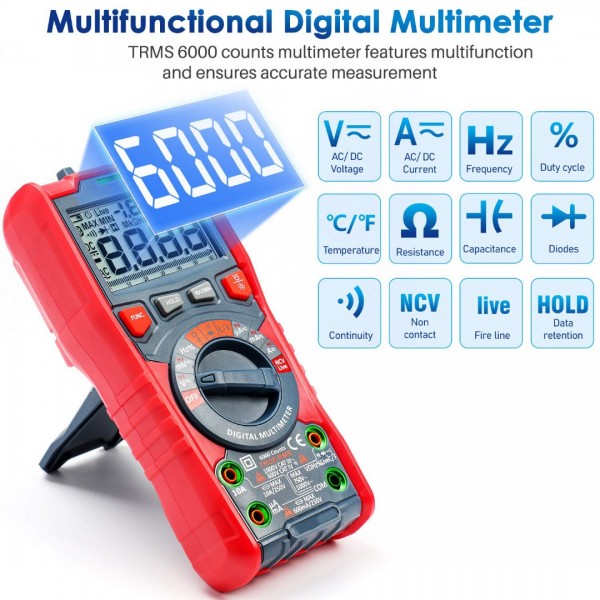 Digital Multimeter, TRMS 6000 Counts Auto-Ranging Voltage Tester Voltmeter Measuring AC/DC Voltage Current, Capacitance Resistance Frequency Temperature Continuity Diodes with NCV