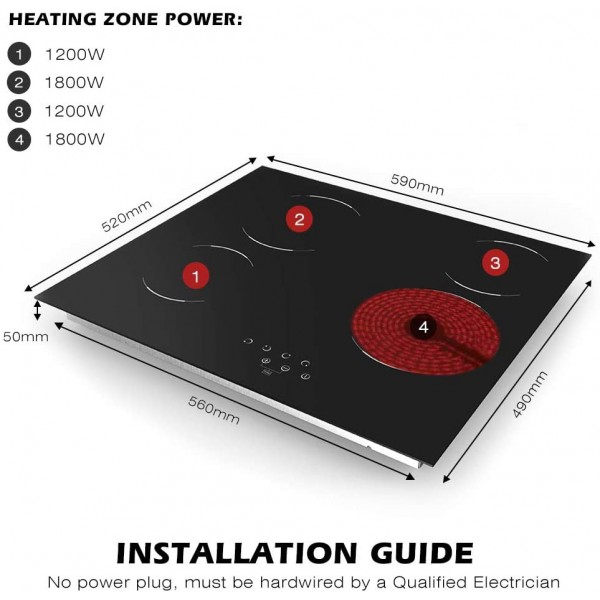 Ceramic Hob 60cm Electric Cooktop Burner, Built in Black Glass Cooker with 4 Cooking Zones GCE460TC