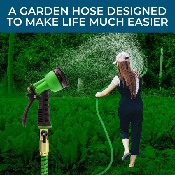 Expandable Garden Hose with High Pressure Hose Spray Nozzle, All Brass Connectors, Leak Proof, Heavy Duty Material