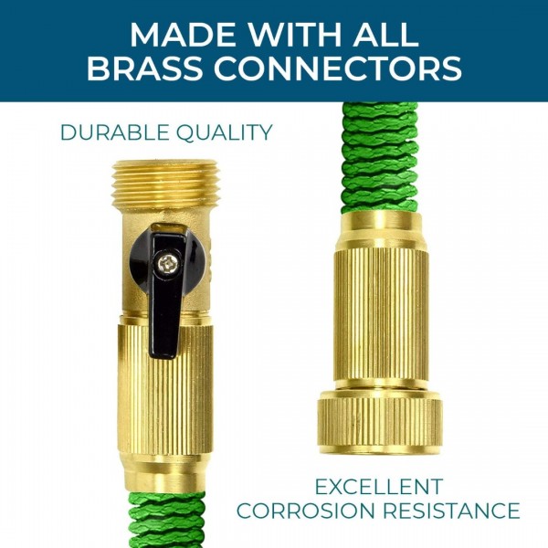 Expandable Garden Hose with High Pressure Hose Spray Nozzle, All Brass Connectors, Leak Proof, Heavy Duty Material