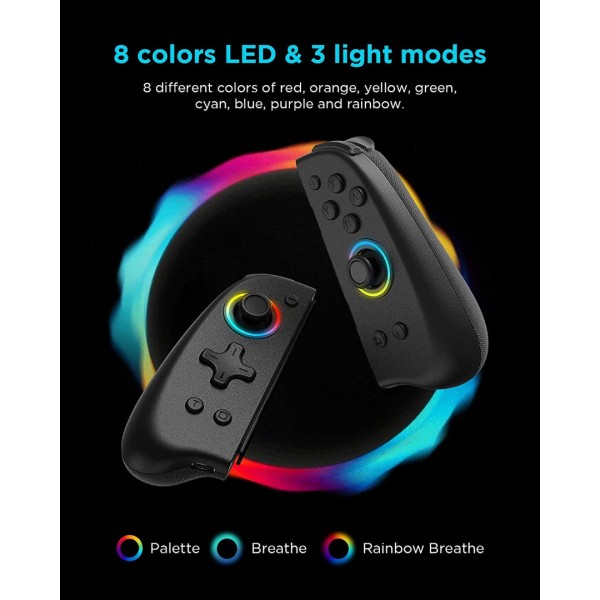 Joypad Controller Compatible with Switch 8 Colour Adjustable LED, Replacement with D-Pad & Non-Slip Grip for Switch joycon, Wireless Ergonomic JoyCon L/R Remotes Gamepad Joystick Controller