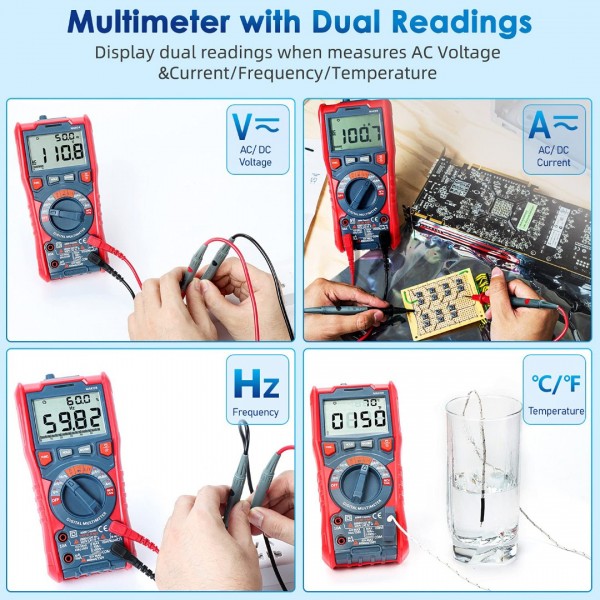 Digital Multimeter, TRMS 6000 Counts Auto-Ranging Voltage Tester Voltmeter Measuring AC/DC Voltage Current, Capacitance Resistance Frequency Temperature Continuity Diodes with NCV