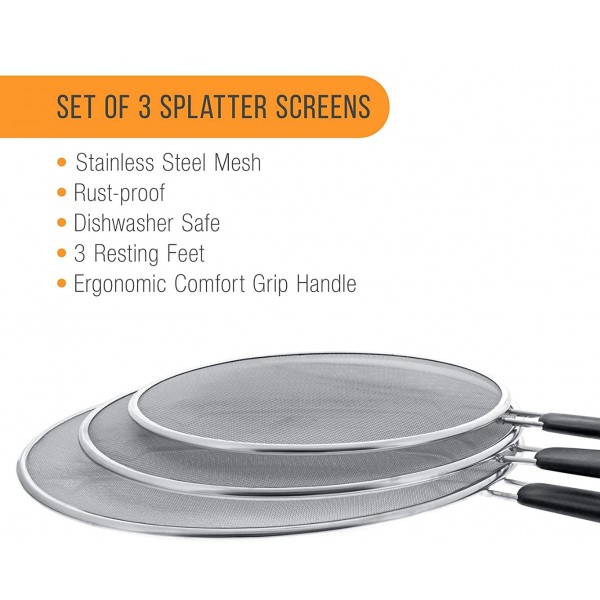 OTS 13", 11.5", 9.5" Stainless Steel Fine Mesh Splatter Screen with Resting Feet Set, Black Comfort Grip Handles - Use on Boiling Pots, Frying Pans - Grease Oil Guard, Safe Cooking Lid