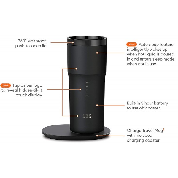 NEW Temperature Control Travel Mug 2, 12 oz, Black, 3-hr Battery Life - App Controlled Heated Coffee Travel Mug - Improved Design