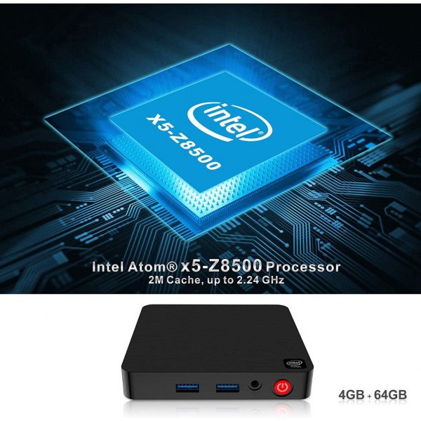 Mini PC T4 Intel Atom x5-Z8500(up to 2.24GHz) Desktop Computer,Windows 10,4G DDR3/64G EMMC Ultra-Thin Mini Computer,4K HD,2.4G/5G Dual WiFi,BT4.0,HDMI/DP Dual Display Output,Gigabit Ethernet