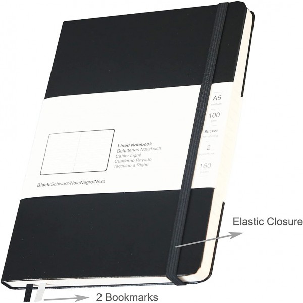 Notebook Lined Hardcover Journal 5.7" x 8" 100 GSM Paper 2 Bookmarks 1 Pocket College Ruled, Black