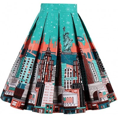    Women's Vintage A-line Printed Pleated Flared Midi Skirts