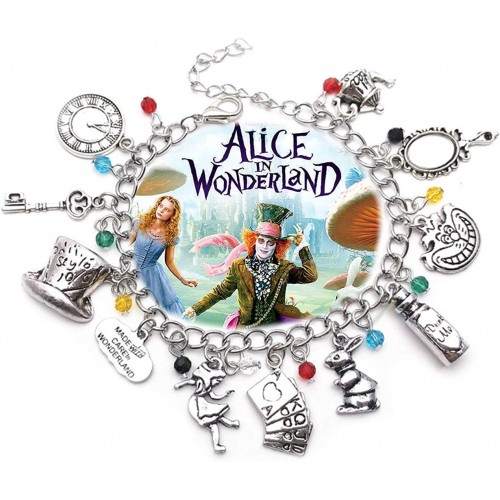 Alice in Wonderland 11 Themed Charms Silvertone Metal Charm Bracelet