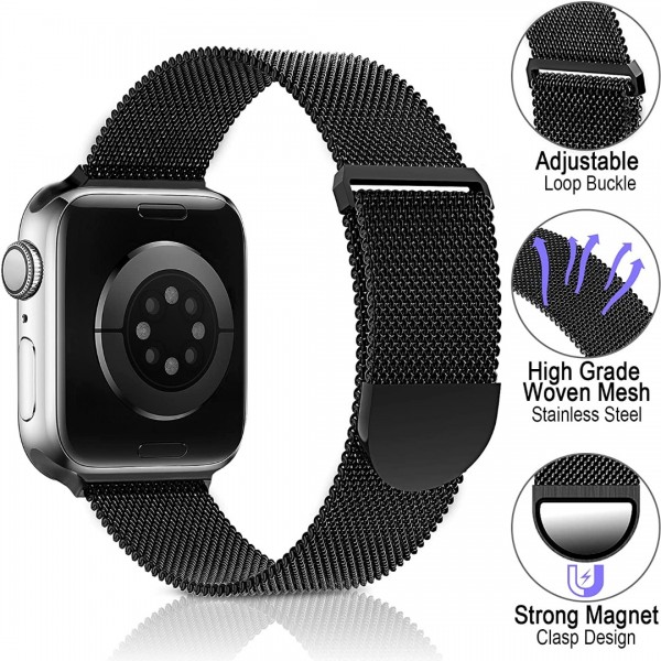 Metal Stainless Steel Band Compatible with Apple Watch Bands 38mm 40mm 42mm 44mm,Silver Loop Adjustable Strap Magnetic Replacement Wristband for iWatch Series 6 5 4 3 2 1 SE for Women Men-black