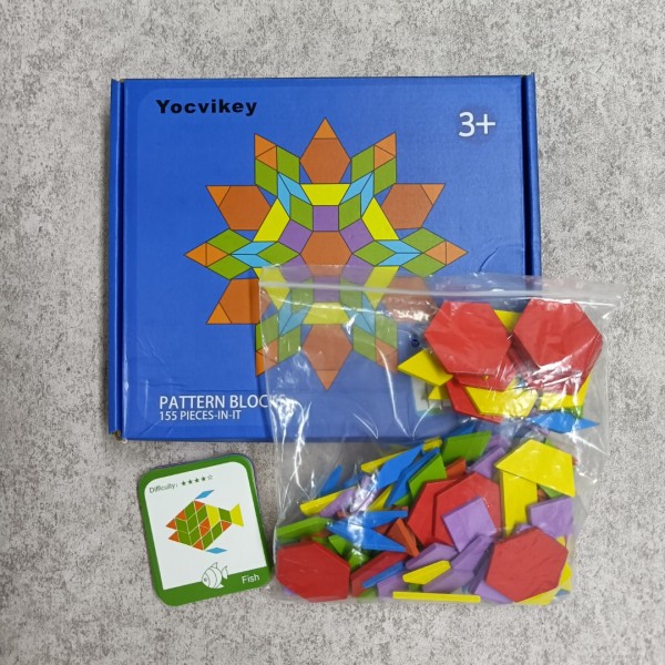 Yocvikey Puzzle games, 155 wooden pattern building blocks set geometric shape puzzle kindergarten classic tangram toy