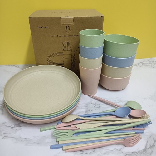 Harletur Dinnerware, Wheat straw tableware set 28 pieces, dinner plate and bowl set