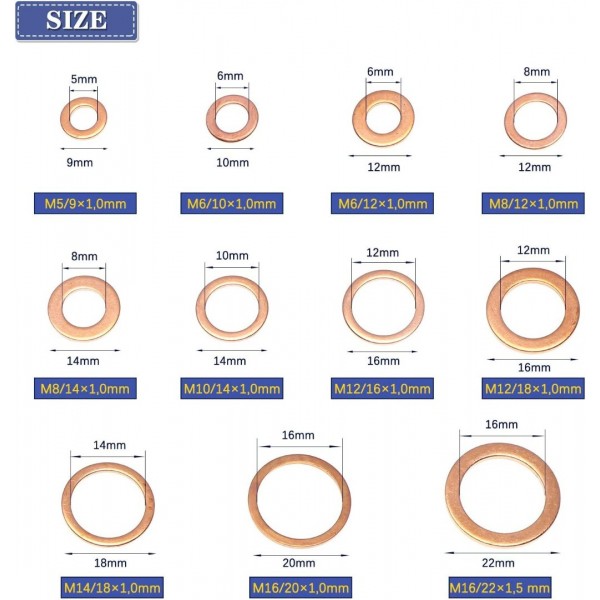 Unterlegscheiben 300stk Kupfer Beilagscheiben für Schrauben, mit 12 Größen Sicherungsscheiben, M5 M6 M8 M10 M12 M14 M16