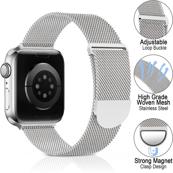 Metal Stainless Steel Band Compatible with Apple Watch Bands 38mm 40mm 42mm 44mm,Silver Loop Adjustable Strap Magnetic Replacement Wristband for iWatch Series 6 5 4 3 2 1 SE for Women Men-Sliver