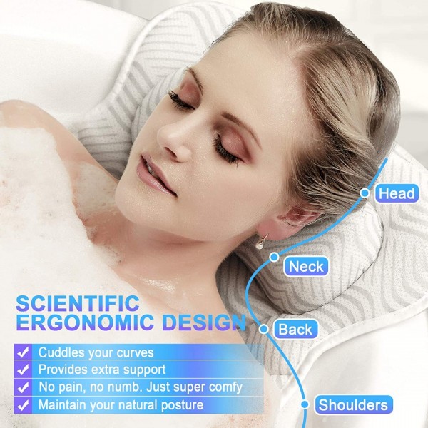 Bath Pillow for Tub, Bathtub Pillow with Neck Shoulder Back Support, 4D Air Mesh Bath Accessories, 6 Strong Suction Cups- Fits All Bathtub, Hot Tub, Jacuzzi Home Spa for Men Women