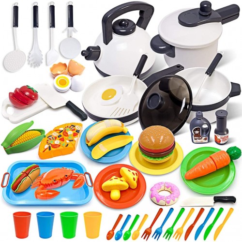 Kids Kitchen Toy Cookware with Play Food Toy Set,Kitchen Play Accessories with Pots and Pans,Cutting Food Toy Utensils,Play Dishes Learning Toys Gift for Toddlers Boys Girls(72 PCS)