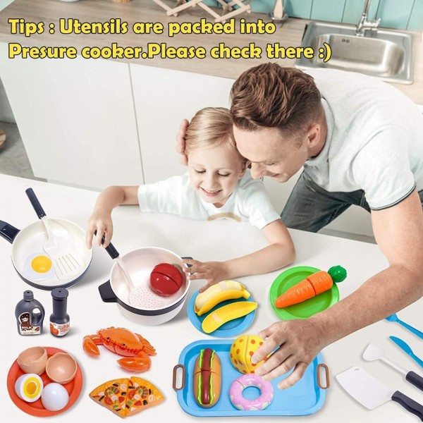 Kids Kitchen Toy Cookware with Play Food Toy Set,Kitchen Play Accessories with Pots and Pans,Cutting Food Toy Utensils,Play Dishes Learning Toys Gift for Toddlers Boys Girls(72 PCS)