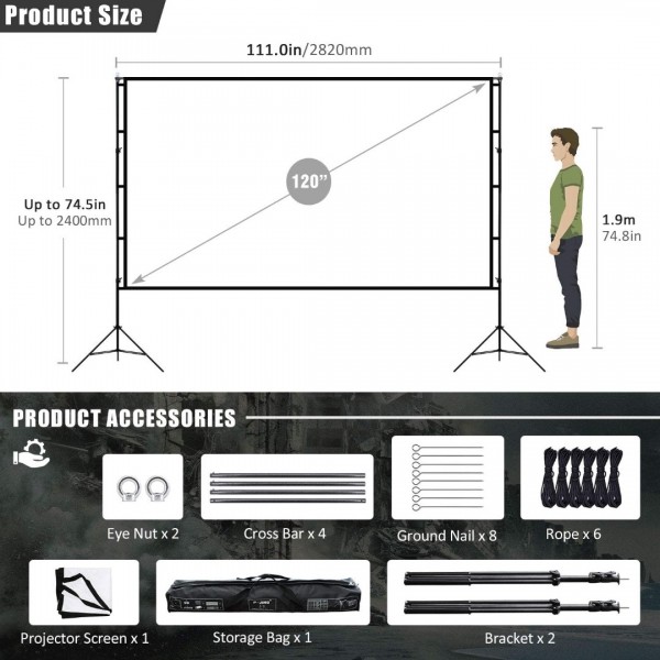 Projector Screen with Stand 120inch Portable Projection Screen 16:9 4K HD Rear Front Projections Movies Screen for Indoor Outdoor Home Theater Backyard Cinema Trave