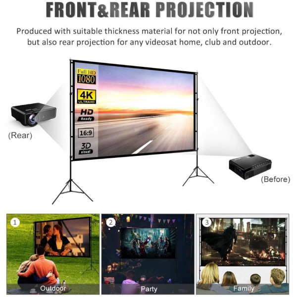 Projector Screen with Stand 120inch Portable Projection Screen 16:9 4K HD Rear Front Projections Movies Screen for Indoor Outdoor Home Theater Backyard Cinema Trave