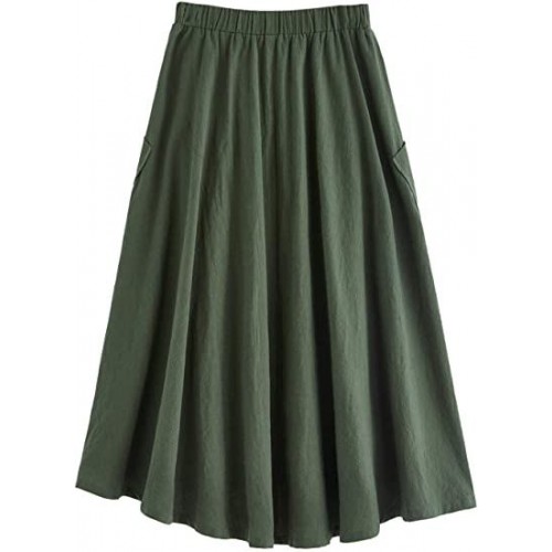 Women's Casual High Waist Pleated A-Line Midi Skirt with Pocket