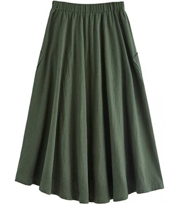 Women's Casual High Waist Pleated A-Line Midi Skirt with Pocket